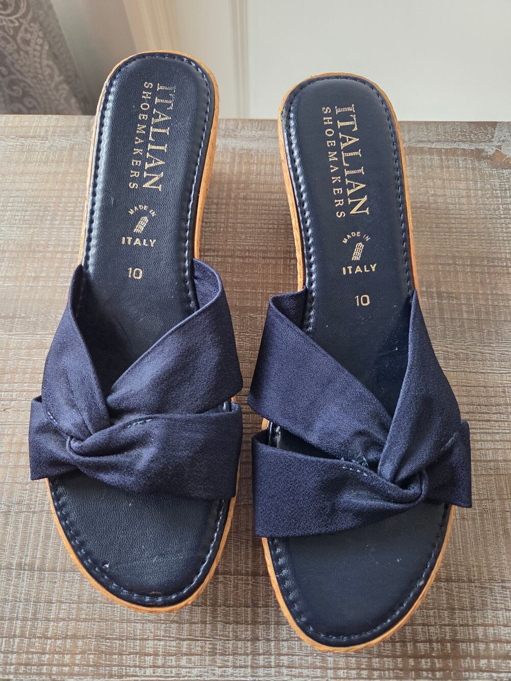 Italian Shoemaker Cork Heel Blue Fabric Knot Cross Strap Slip-on Sandal Size 10